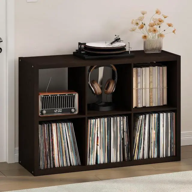 Main image of Cubicle Record Player Stand with Vinyl Storage, 6-Cube 1.2 Extra Thick Vinyl Record Storage, Open Back Media Shelf for CD DVD Blueray Game Disc, for Living Room, Home Office, Black Dark Oak