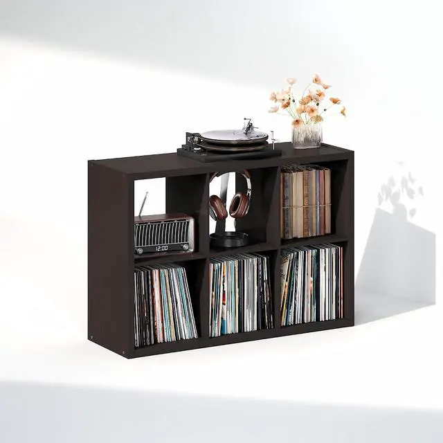 Alt view image 4 of 7 - Cubicle Record Player Stand with Vinyl Storage, 6-Cube 1.2 Extra Thick Vinyl Record Storage, Open Back Media Shelf for CD DVD Blueray Game Disc, for Living Room, Home Office, Black Dark Oak