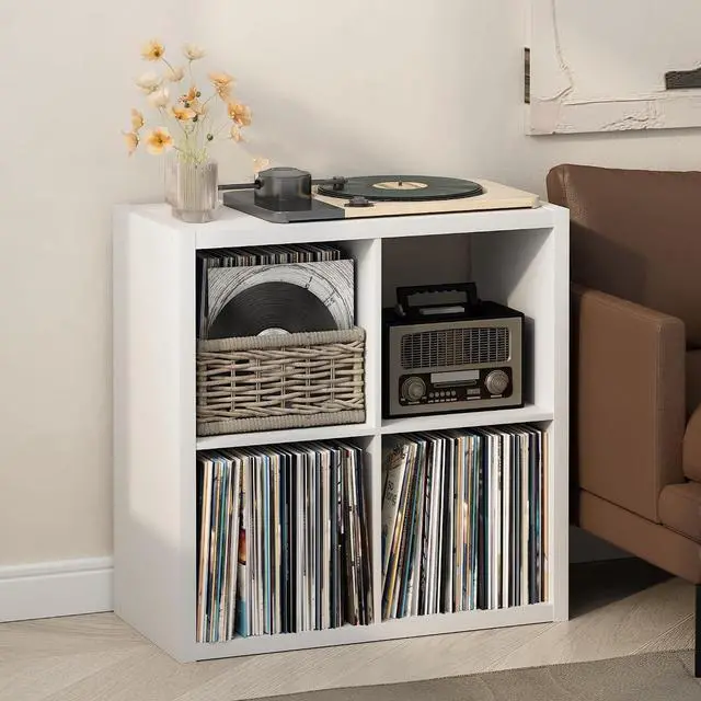 Main image of Cubicle Record Player Stand with Vinyl Storage, 4-Cube 1.2 Extra Thick Vinyl Record Storage, Open Back Media Shelf for CD DVD Blueray Game Disc, for Living Room, Home Office, White