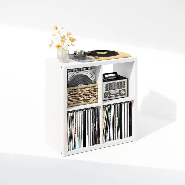Alt view image 4 of 7 - Cubicle Record Player Stand with Vinyl Storage, 4-Cube 1.2 Extra Thick Vinyl Record Storage, Open Back Media Shelf for CD DVD Blueray Game Disc, for Living Room, Home Office, White