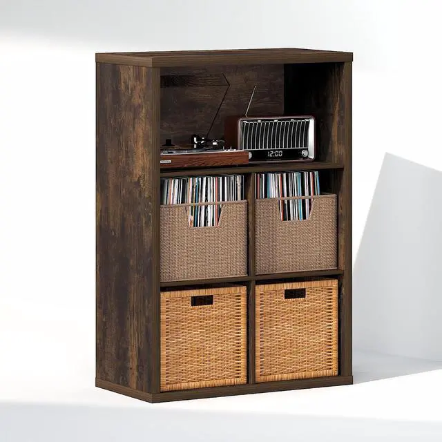 Alt view image 3 of 7 - Cubicle Record Player Stand with Vinyl Storage, 5-Cube 1.2 Extra Thick Vinyl Record Storage, Open Back Media Shelf for CD DVD Blueray Game Disc, for Living Room, Home Office, Amber Pine