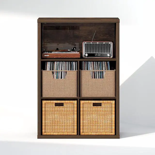 Alt view image 7 of 7 - Cubicle Record Player Stand with Vinyl Storage, 5-Cube 1.2 Extra Thick Vinyl Record Storage, Open Back Media Shelf for CD DVD Blueray Game Disc, for Living Room, Home Office, Amber Pine