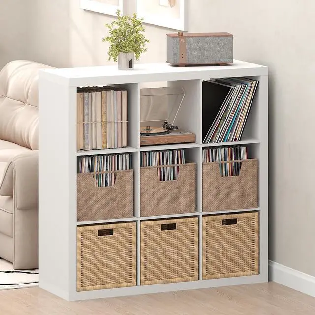 Main image of Cubicle Record Player Stand with Vinyl Storage, 9-Cube Vinyl Record Storage, 1.65" Triple Thick Open Back Media Shelf for CD DVD Blueray Game Disc, for Living Room, Home Office, White