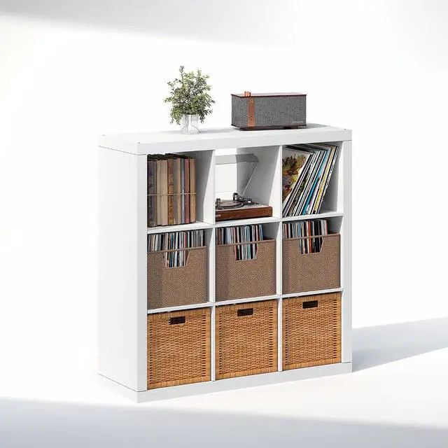 Alt view image 4 of 7 - Cubicle Record Player Stand with Vinyl Storage, 9-Cube Vinyl Record Storage, 1.65" Triple Thick Open Back Media Shelf for CD DVD Blueray Game Disc, for Living Room, Home Office, White
