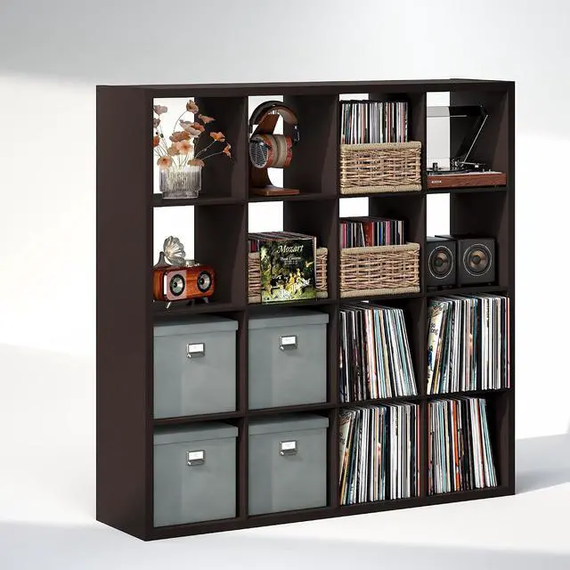 Alt view image 4 of 7 - Cubicle Record Player Stand with Vinyl Storage, 16-Cube 1.2 Extra Thick Vinyl Record Storage, Open Back Media Shelf for CD DVD Blueray Game Disc, for Living Room, Home Office, Black Dark Oak