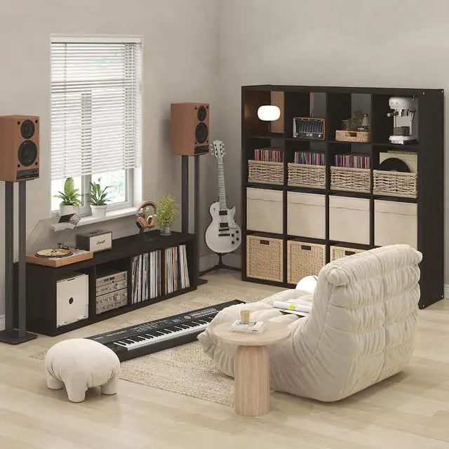Alt view image 5 of 7 - Cubicle Record Player Stand with Vinyl Storage, 16-Cube 1.2 Extra Thick Vinyl Record Storage, Open Back Media Shelf for CD DVD Blueray Game Disc, for Living Room, Home Office, Black Dark Oak