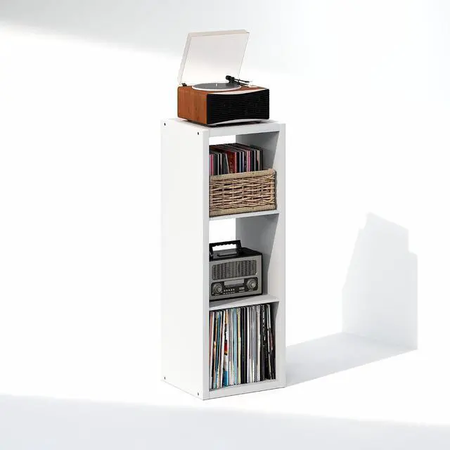 Alt view image 4 of 7 - Cubicle Record Player Stand with Vinyl Storage, 3-Cube 1.2 Extra Thick Vinyl Record Storage, Open Back Media Shelf for CD DVD Blueray Game Disc, for Living Room, Home Office, White
