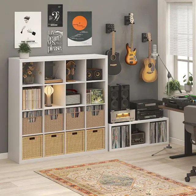 Alt view image 5 of 7 - Cubicle Record Player Stand with Vinyl Storage, 3-Cube 1.2 Extra Thick Vinyl Record Storage, Open Back Media Shelf for CD DVD Blueray Game Disc, for Living Room, Home Office, White