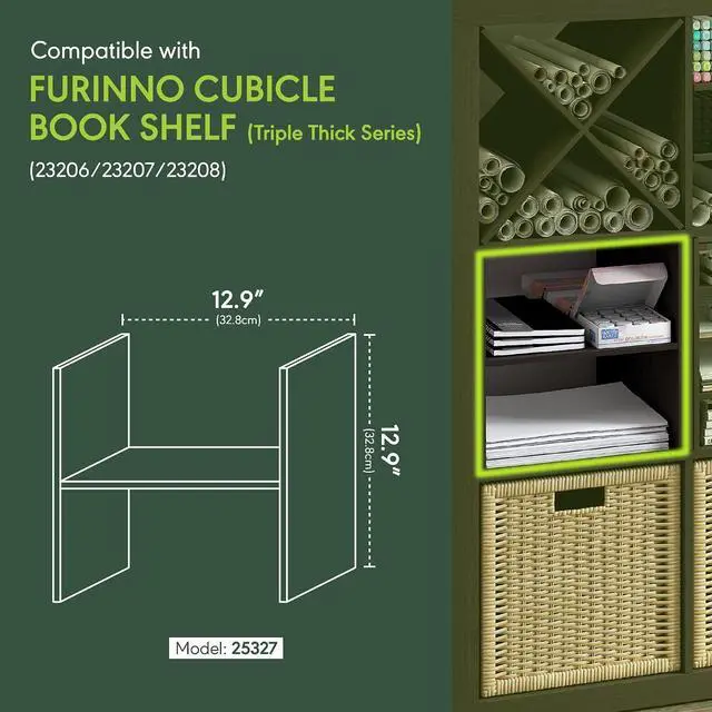 Alt view image 3 of 7 - Cubicle Cube Insert, H-Shelf Cube Organizer, 2-Tier Shelf Accessory, Fits into Furinno Triple Thick Cubes, IKEA Kallax, for Organizers and Storage, Black Dark Oak