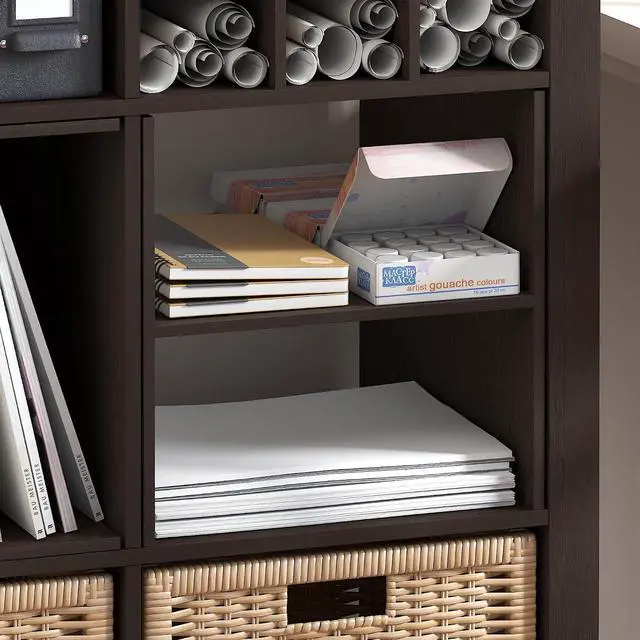 Alt view image 4 of 7 - Cubicle Cube Insert, H-Shelf Cube Organizer, 2-Tier Shelf Accessory, Fits into Furinno Triple Thick Cubes, IKEA Kallax, for Organizers and Storage, Black Dark Oak