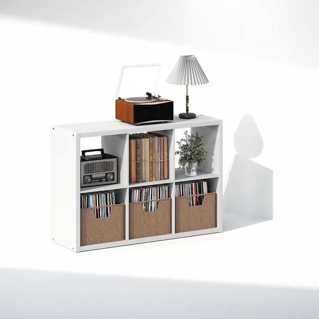 Alt view image 4 of 7 - Cubicle Record Player Stand with Vinyl Storage, 6-Cube 1.2 Extra Thick Vinyl Record Storage, Open Back Media Shelf for CD DVD Blueray Game Disc, for Living Room, Home Office, White