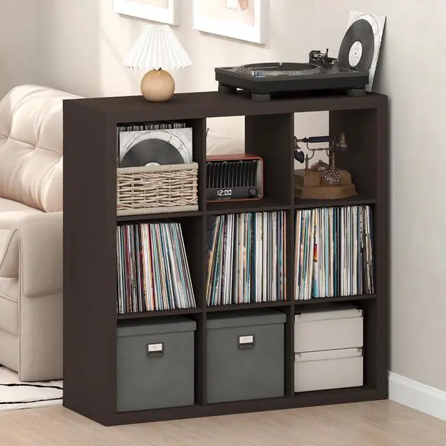Main image of Cubicle Record Player Stand with Vinyl Storage, 9-Cube Vinyl Record Storage, 1.65" Triple Thick Open Back Media Shelf for CD DVD Blueray Game, for Living Room, Home Office, Black Dark Oak