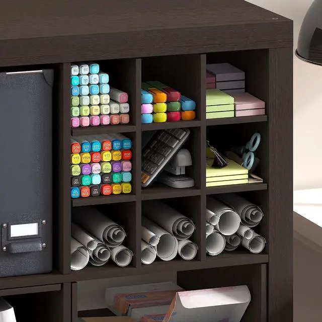 Alt view image 4 of 7 - Cubicle Cube Insert, 9-Compartment Cube Organizer, Geometric Shelf Accessory, Fits into Furinno Triple Thick Cubes, IKEA Kallax, for Organizers and Storage, Black Dark Oak
