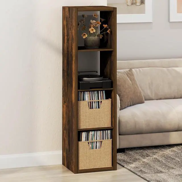 Main image of Cubicle Record Player Stand with Vinyl Storage, 4-Cube 1.2 Extra Thick Vinyl Record Storage, Open Back Media Shelf for CD DVD Blueray Game Disc, for Living Room, Home Office, Amber Pine