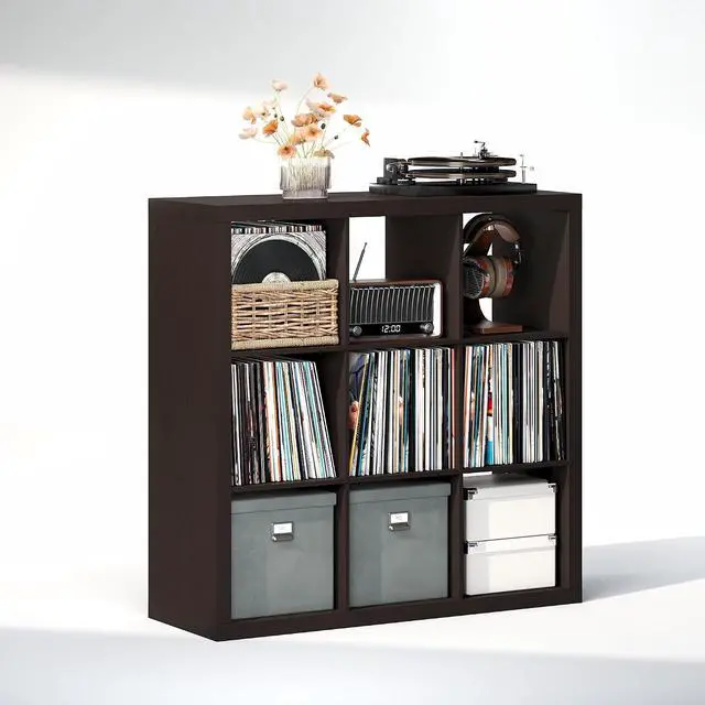 Alt view image 4 of 7 - Cubicle Record Player Stand with Vinyl Storage, 9-Cube Vinyl Record Storage, 1.65" Triple Thick Open Back Media Shelf for CD DVD Blueray Game, for Living Room, Home Office, Black Dark Oak