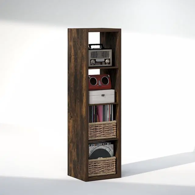 Alt view image 4 of 7 - Cubicle Record Player Stand with Vinyl Storage, 4-Cube 1.2 Extra Thick Vinyl Record Storage, Open Back Media Shelf for CD DVD Blueray Game Disc, for Living Room, Home Office, Amber Pine