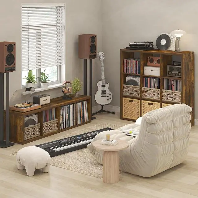 Alt view image 5 of 7 - Cubicle Record Player Stand with Vinyl Storage, 9-Cube 1.2 Extra Thick Vinyl Record Storage, Open Back Media Shelf for CD DVD Blueray Game Disc, for Living Room, Home Office, Amber Pine