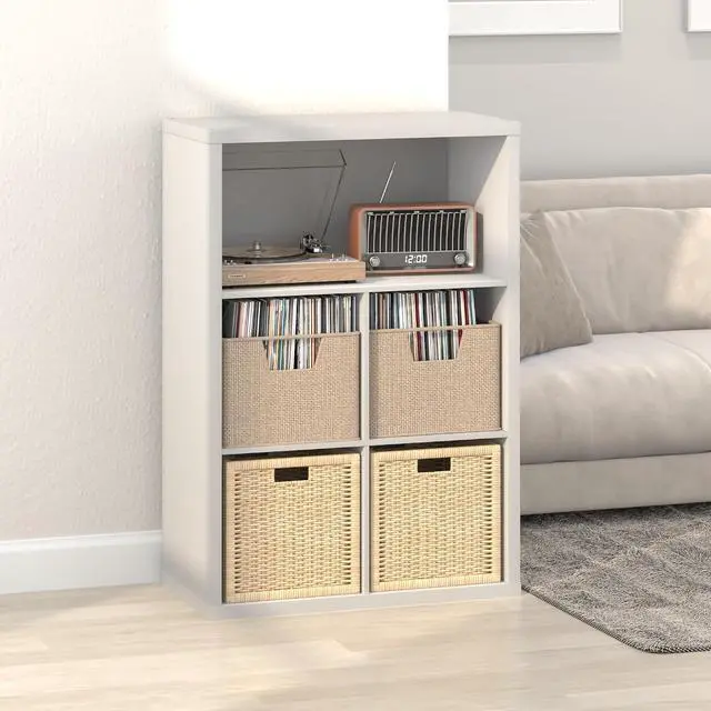 Main image of Cubicle Record Player Stand with Vinyl Storage, 5-Cube 1.2 Extra Thick Vinyl Record Storage, Open Back Media Shelf for CD DVD Blueray Game Disc, for Living Room, Home Office, White