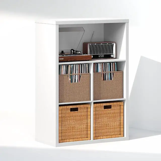 Alt view image 4 of 7 - Cubicle Record Player Stand with Vinyl Storage, 5-Cube 1.2 Extra Thick Vinyl Record Storage, Open Back Media Shelf for CD DVD Blueray Game Disc, for Living Room, Home Office, White