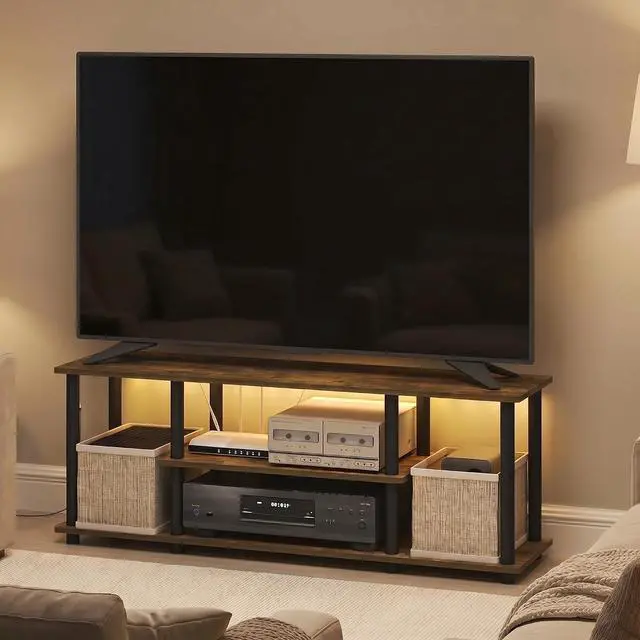 Main image of Turn-N-Tube TV Stand with LED Lights, 3-Tier No Tools 3D Entertainment Center, TV Console for TV up to 50 Inch, for Living Room, Bedroom, Amber Pine