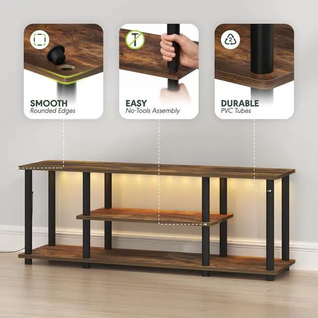 Alt view image 2 of 6 - Turn-N-Tube TV Stand with LED Lights, 3-Tier No Tools 3D Entertainment Center, TV Console for TV up to 50 Inch, for Living Room, Bedroom, Amber Pine