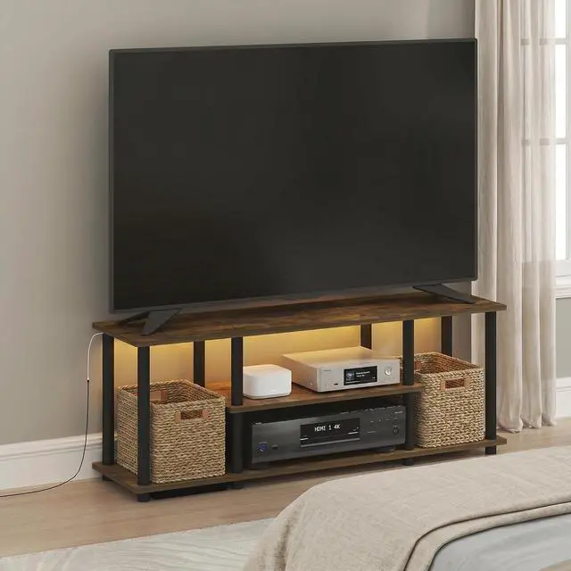 Alt view image 4 of 6 - Turn-N-Tube TV Stand with LED Lights, 3-Tier No Tools 3D Entertainment Center, TV Console for TV up to 50 Inch, for Living Room, Bedroom, Amber Pine