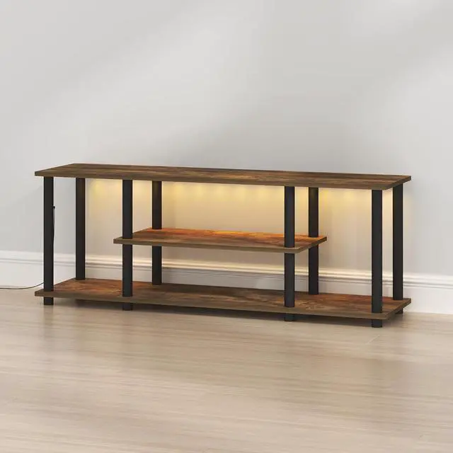 Alt view image 5 of 6 - Turn-N-Tube TV Stand with LED Lights, 3-Tier No Tools 3D Entertainment Center, TV Console for TV up to 50 Inch, for Living Room, Bedroom, Amber Pine