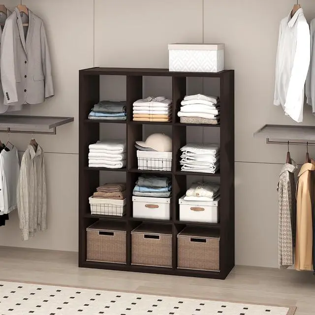 Main image of Cubic Closet Organizers and Storage, 12-Cube Closet Organizer, Open Shelf Closet Storage, Extra Thick Frame for Wardrobe, Bedroom, Living Room, Black Dark Oak