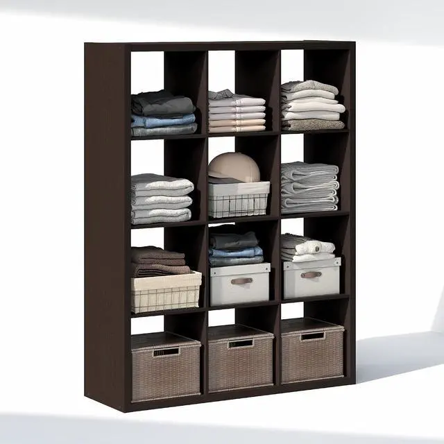 Alt view image 5 of 7 - Cubic Closet Organizers and Storage, 12-Cube Closet Organizer, Open Shelf Closet Storage, Extra Thick Frame for Wardrobe, Bedroom, Living Room, Black Dark Oak