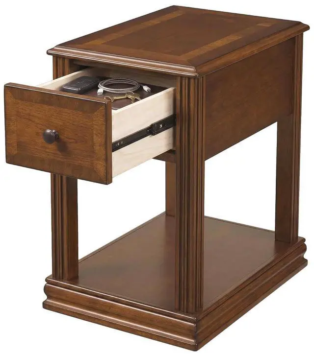 Main image of Breegin Chair Side End Table, 1 Drawer, 1 Fixed Shelf, Veneers, Wood, 13.13" W x 22.13" D x 23" H, Brown