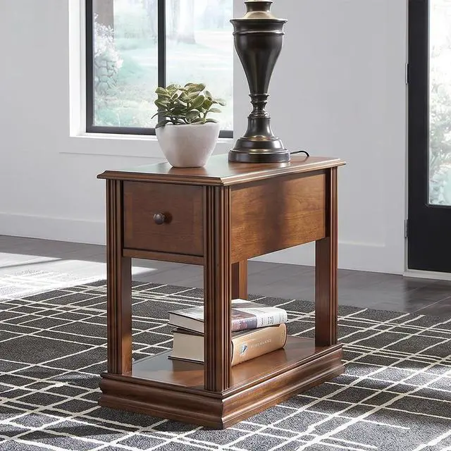 Alt view image 2 of 7 - Breegin Chair Side End Table, 1 Drawer, 1 Fixed Shelf, Veneers, Wood, 13.13" W x 22.13" D x 23" H, Brown