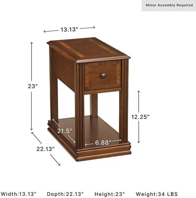 Alt view image 3 of 7 - Breegin Chair Side End Table, 1 Drawer, 1 Fixed Shelf, Veneers, Wood, 13.13" W x 22.13" D x 23" H, Brown