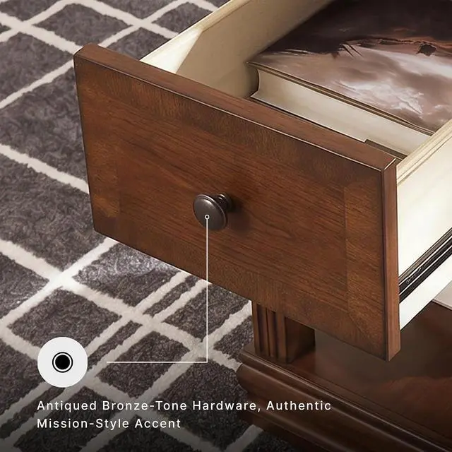 Alt view image 6 of 7 - Breegin Chair Side End Table, 1 Drawer, 1 Fixed Shelf, Veneers, Wood, 13.13" W x 22.13" D x 23" H, Brown
