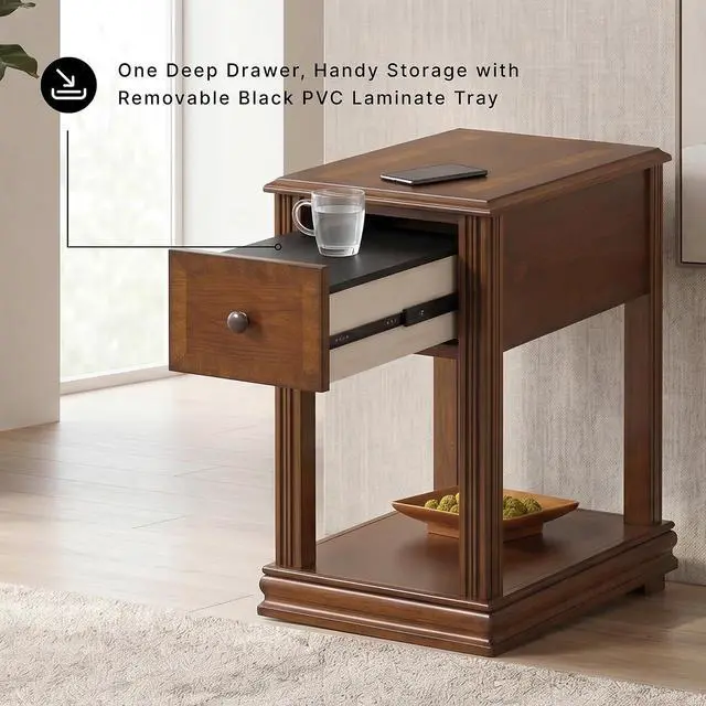 Alt view image 4 of 7 - Breegin Chair Side End Table, 1 Drawer, 1 Fixed Shelf, Veneers, Wood, 13.13" W x 22.13" D x 23" H, Brown