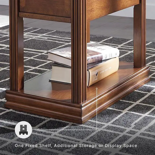 Alt view image 5 of 7 - Breegin Chair Side End Table, 1 Drawer, 1 Fixed Shelf, Veneers, Wood, 13.13" W x 22.13" D x 23" H, Brown