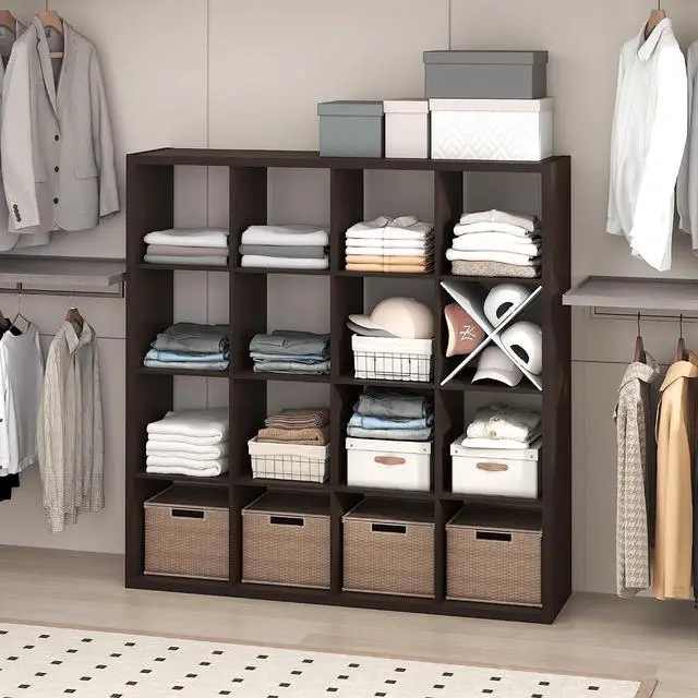 Main image of Cubic Closet Organizers and Storage, 16-Cube Closet Organizer, Open Shelf Closet Storage, Extra Thick Frame for Wardrobe, Bedroom, Living Room, Black Dark Oak