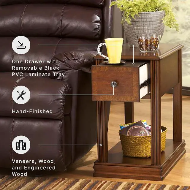 Alt view image 7 of 7 - Breegin Chair Side End Table, 1 Drawer, 1 Fixed Shelf, Veneers, Wood, 13.13" W x 22.13" D x 23" H, Brown