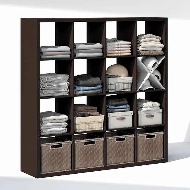 Alt view image 5 of 7 - Cubic Closet Organizers and Storage, 16-Cube Closet Organizer, Open Shelf Closet Storage, Extra Thick Frame for Wardrobe, Bedroom, Living Room, Black Dark Oak