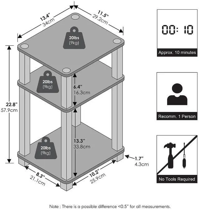 Alt view image 2 of 6 - JUST Night Stnad, 3-Tier Nightstand Open Shelf, Toolless Assembly Bedside Table, End Table, Side Table, with Square Tube, for Living Room, Bedroom, Amber Pine
