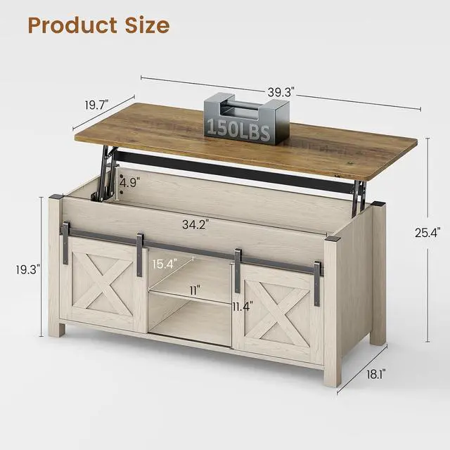 Alt view image 2 of 7 - Lift Top Coffee Table, Farmhouse Lift Tabletop Dining Table, Gas Spring, Hidden Compartment, Open Storage Shelf, for Living Room, White Brown