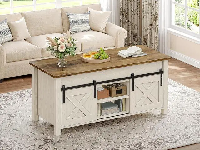 Alt view image 3 of 7 - Lift Top Coffee Table, Farmhouse Lift Tabletop Dining Table, Gas Spring, Hidden Compartment, Open Storage Shelf, for Living Room, White Brown