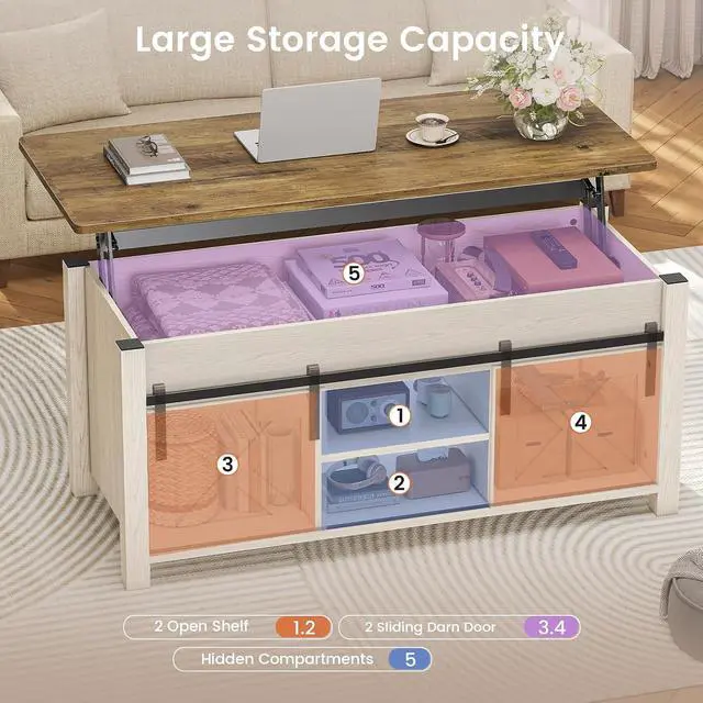 Alt view image 4 of 7 - Lift Top Coffee Table, Farmhouse Lift Tabletop Dining Table, Gas Spring, Hidden Compartment, Open Storage Shelf, for Living Room, White Brown
