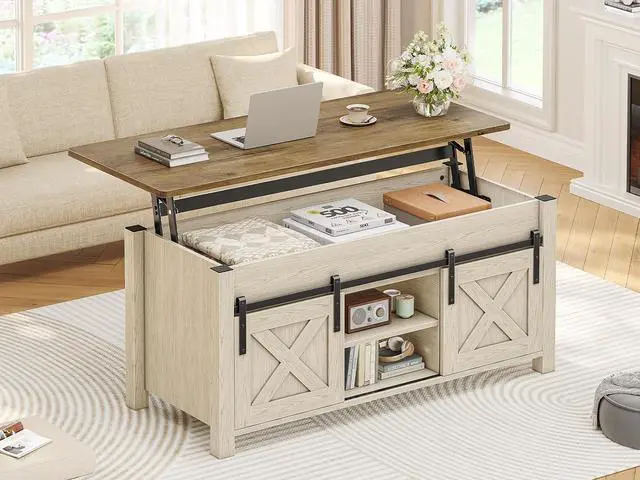 Main image of Lift Top Coffee Table, Farmhouse Lift Tabletop Dining Table, Gas Spring, Hidden Compartment, Open Storage Shelf, for Living Room, White Brown