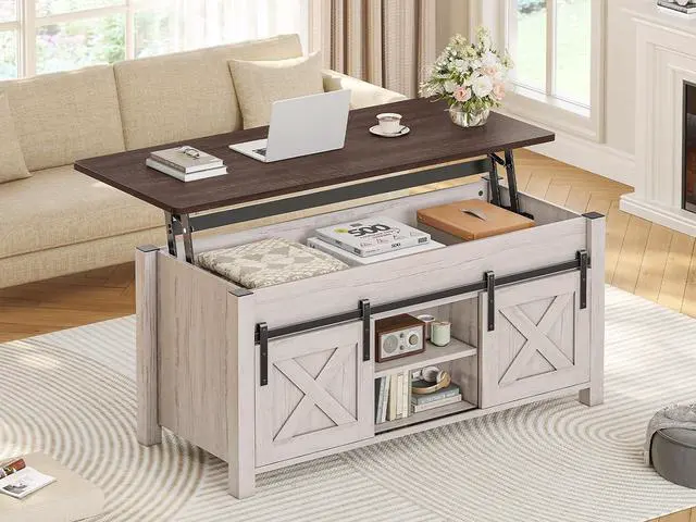 Main image of Lift Top Coffee Table, Farmhouse Lift Tabletop Dining Table, Gas Spring, Hidden Compartment, Open Storage Shelf, for Living Room, Vintage White