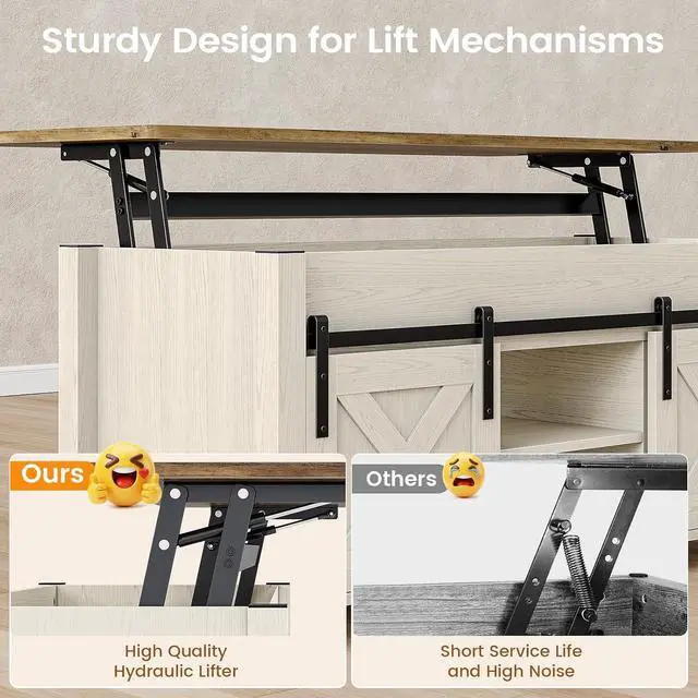 Alt view image 6 of 7 - Lift Top Coffee Table, Farmhouse Lift Tabletop Dining Table, Gas Spring, Hidden Compartment, Open Storage Shelf, for Living Room, White Brown