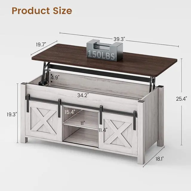 Alt view image 2 of 7 - Lift Top Coffee Table, Farmhouse Lift Tabletop Dining Table, Gas Spring, Hidden Compartment, Open Storage Shelf, for Living Room, Vintage White