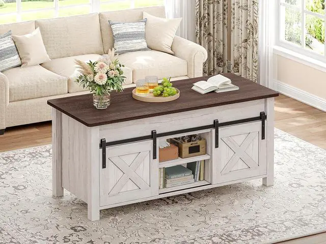 Alt view image 3 of 7 - Lift Top Coffee Table, Farmhouse Lift Tabletop Dining Table, Gas Spring, Hidden Compartment, Open Storage Shelf, for Living Room, Vintage White