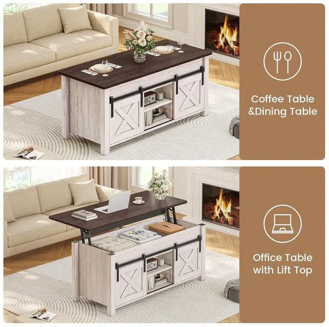 Alt view image 4 of 7 - Lift Top Coffee Table, Farmhouse Lift Tabletop Dining Table, Gas Spring, Hidden Compartment, Open Storage Shelf, for Living Room, Vintage White