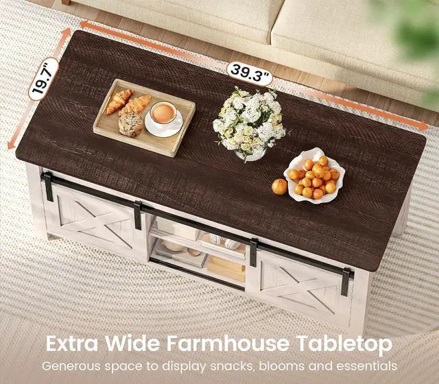 Alt view image 5 of 7 - Lift Top Coffee Table, Farmhouse Lift Tabletop Dining Table, Gas Spring, Hidden Compartment, Open Storage Shelf, for Living Room, Vintage White