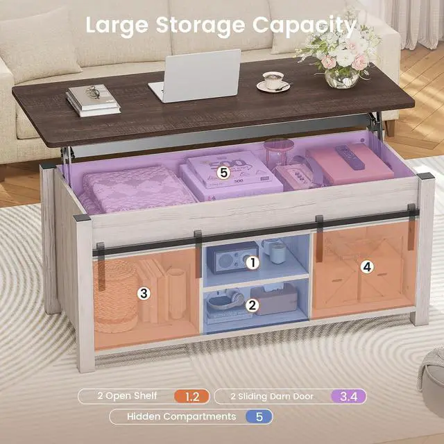Alt view image 6 of 7 - Lift Top Coffee Table, Farmhouse Lift Tabletop Dining Table, Gas Spring, Hidden Compartment, Open Storage Shelf, for Living Room, Vintage White
